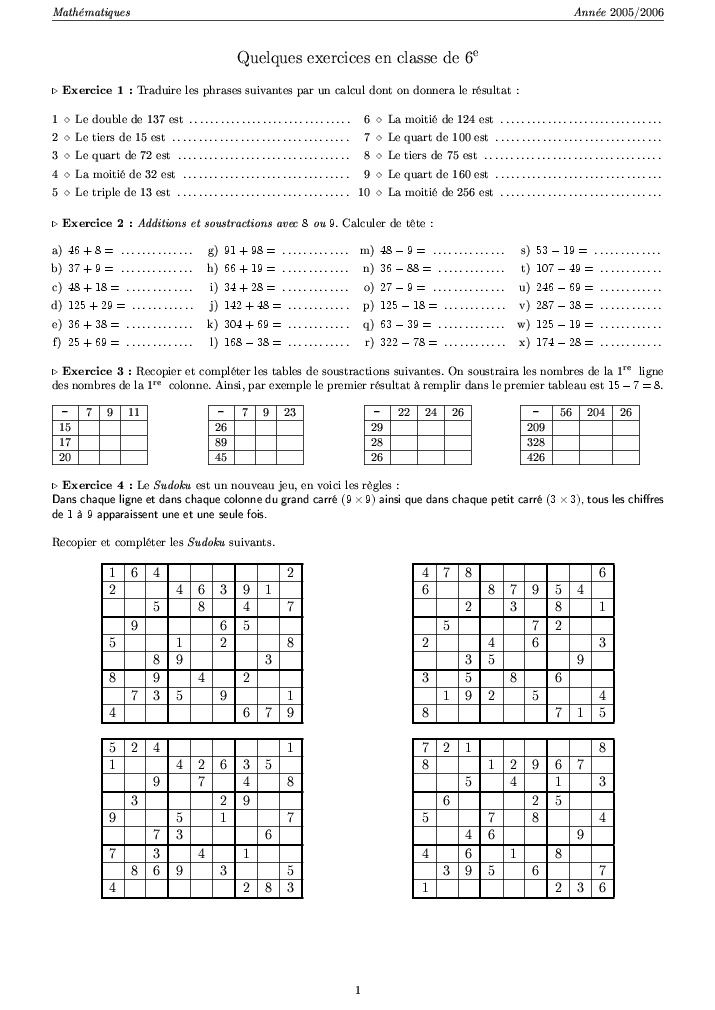 Feuille d'exercices (calcul mental et sudoku).