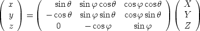 (  x )    (   sin h  sin f cosh  cosf cos h ) ( X  )

   y   =    - cos h  sin f sin h  cos fsin h      Y
   z           0      - cos f      sin f         Z
